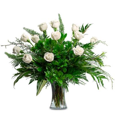 <span data-aura-rendered-by="608:0">Lovely winter arrangement with 12 Rose Playa Blanca, 5 Variegated Aspidistra, 10 Leather Leaf, 10 Green Pittosporum, 5 Carolina Sapphire, 5 Foxtail Fern, 10 Holly Fern, and 5 Podocarpus in a </span><span data-aura-rendered-by="608:0">8" Small Gathering Vase.</span>

<span class="x_label" data-aura-rendered-by="617:0">Dimensions: </span>Approximately 30"W X 27"H