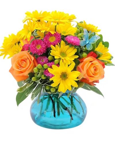 <p>A bright, cheerful combination of daisies, roses and berries, accented with a butterfly</p>