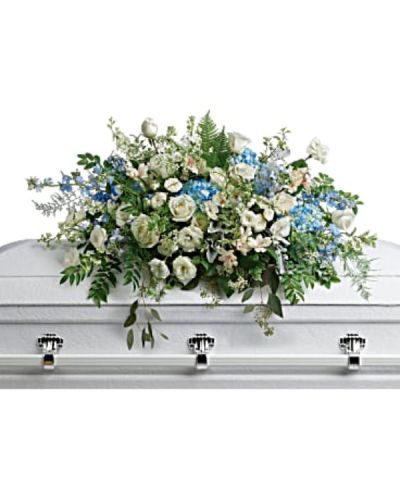 <div id="mark-1" class="m-pdp-tabs-marketing-description">
<hr />
<hr />
<p>Like wisps of clouds in a bright blue sky, this breathtaking spray of hydrangea, roses and alstroemeria refreshes and inspires. A beautiful way to remember your loved one.
</p></div>
<div id="desc-1">
<ul>
<li>This stunning spray includes blue hydrangea, white roses, white spray roses, white alstroemeria, white lisianthus, blue delphinium, white larkspur, white stock, white waxflower, dusty miller, huckleberry, asparagus plumosus, pitta negra, lily grass, dagger fern, and lemon leaf.</li>
</ul>
</div>