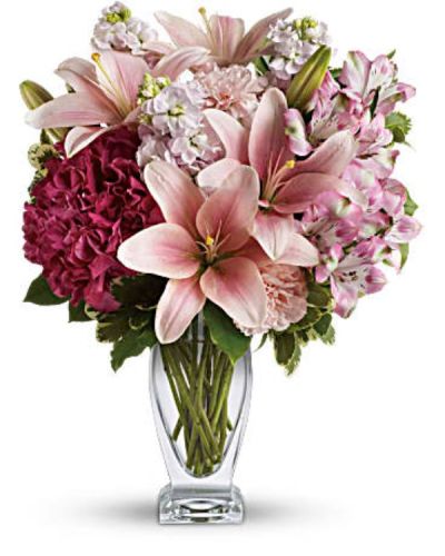 <div class="m-pdp-tabs-description">
<div id="mark-1" class="m-pdp-tabs-marketing-description">Celebrate your love with this beautifully blushing bouquet! Luxurious lilies, delicate hydrangea and fragrant stock delight her senses, soothe her soul, and tickle their fancy. It's a loving gift they won't soon forget!</div>
</div>
<p id="arrngDescp">Includes pink hydrangea, asiatic lilies, alstroemeria, carnations and stock, accented with fresh greens.</p>