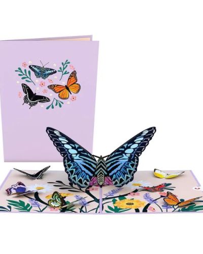 <p>The lavender cover of the Garden Butterfly pop-up card features three laser-cut butterflies fluttering around some delicate pink and white flowers and a few thin green leaves. There is a Black Swallowtail Butterfly, an orange Monarch Butterfly, and a Blue Tiger Striped Butterfly featured on the cover. Once opened, a giant Blue Tiger Striped Butterfly sits in the center upon a cream-colored background that is patterned with various beautiful vines and wildflowers. A variety of smaller butterflies surround the center, including a Dotted Border Butterfly, a Peacock Butterfly, a Monarch Butterfly, and more! This fun and fabulous design creates the ultimate outdoor garden scene.</p>
<p>Occasions for the Garden Butterflies Pop up Card:<br />
This is a great gift to celebrate spring, summer, birthdays, Mother's Day, Easter, or even as a "just because" card. It can be given to a mom, grandma, daughter, sister, or dear friend. Anyone who loves flora and the butterflies that help to pollinate it will adore this lively and vibrant display. Butterflies symbolize transformation and hope, and they bring joy to those who have recently suffered a loss. This can be used as a sympathy card or even as a meaningful get well gift for someone in recovery, or those in hospitals or nursing homes.</p>
<p>Size:<br />
The Garden Butterflies pop-up card is 5 inches wide by 7 inches tall.</p>
<p>Quantity:<br />
One stunning Lovepop with one blank envelope and the Lovepop Note, a little note card that slides away with your own personal touch.</p>