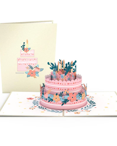 <p>Floral embellishments cascade down the pink birthday cake on the front of this champagne colored pop-up card. Upon opening this design, a beautiful pink cake appears, covered in peach, orange, and blue flowers. Candles top this delicious dessert, ready for a wish to be made. Leafy decorations surround the base of the cake on top of the polka dotted tablecloth background.</p>
<p>Inspiration for the Floral Birthday Cake Card:<br />
Our designer Katie looked forward to picking her birthday cake flavor each year growing up. "I always chose strawberry frosting, it's my favorite," Katie said. "I wanted this cake to be a fun and modern approach to my dream birthday cake, complete with my favorite flowers and strawberry icing." It looks delicious, Katie!</p>
<p>Occasions for the Floral Birthday Cake Card:<br />
Give the Floral Birthday Cake design to your friend as a special birthday treat. Any age will love this floral birthday surprise: sweet 16th, iconic 21st, or thriving 30th! No matter the celebration, this sweet treat is sure to please.</p>
<p>Size:<br />
The Floral Birthday Cake pop up card is 5 inches wide by 7 inches tall.</p>
<p>Quantity:<br />
One tasteful Lovepop with one blank envelope and the Lovepop Note, a little note card that slides away with your own personal touch.</p>