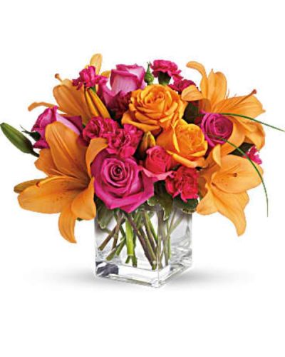 <div id="mark-3" class="m-pdp-tabs-marketing-description">Tres chic! Send that special someone a stylish sentiment with the bright colors of this modern arrangement. Summery hot pinks and oranges are contrasted by the cool clarity of a simple cube vase. An eye-catching everyday choice!</div>
<div id="desc-3">
<ul>
<li>Orange asiatic lilies, hot pink and light orange roses, miniature red carnations and a bit of understated greenery.</li>
<li>Delivered in a clear glass cube vase.</li>
</ul>
</div>