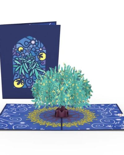 <p>This navy blue card features laser-cut drawings of olive branches laid upon a stained glass window illuminated by fireflies. Once opened, the card reveals a grand, intricately drawn olive tree lit up by fireflies. Yellow embellished patterns surround the tree, with white decorations covering the rest of the beautiful indigo background.</p>
<p>Inspiration:<br />
In Palestinian culture, the olive tree is representative of life and peace. Our Lovepop designer Jason was inspired by a Palestinian soccer coach from his childhood days, who would bring their family olives from his home. The tree designs are a familiar favorite among Lovepop fans, so Jason decided this was the perfect way to express the fond memories from his youth.</p>
<p>Occasions:<br />
The Olive Tree is perfect as a (gorgeous) peace offering, for a friend pining for a romantic getaway, or for your Lovepop tree-collecting relative — because who could say no to another one of these beauties?</p>
<p>Size:<br />
The Olive Tree pop up card is 5 inches wide by 7 inches tall.</p>
<p>Quantity:<br />
One mesmerizing Lovepop with one blank envelope and the Lovepop Note, a little note card that slides out for your own personal touch.</p>