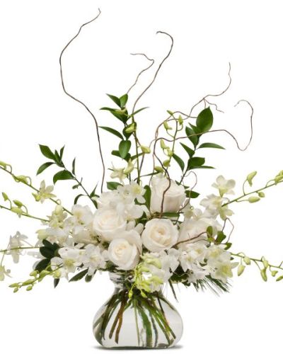 <p class="x_MsoNormal">The elegance of all white flowers will allow your sentimental message to be heard.</p>
<p class="x_MsoNormal">Arrangement as pictured: 9 Rose; 8 Dendrobium; 3 Ruscus; 2 Pittosporum; Curly Willow; Variegated Pittosporum; 5" Rosie Posie Vase</p>
<p class="x_MsoNormal">Dimensions: Approximately 14"W X 14"H</p>