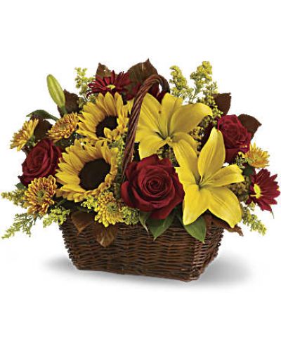 <div id="mark-3" class="m-pdp-tabs-marketing-description">Send warm autumn sunshine to a special friend or relative with this golden gift basket of flowers. Yellow lilies and sunflowers make everyone smile!</div>
<p>&nbsp;</p>
<div id="desc-3">
<ul>
<li>A dark, handled basket presents bright fall bouquet of yellow asiatic lilies, yellow sunflowers, gold cushion mums, burgundy daisies, yellow solidaster, brown copper beech leaves and rich green salal.</li>
</ul>
</div>