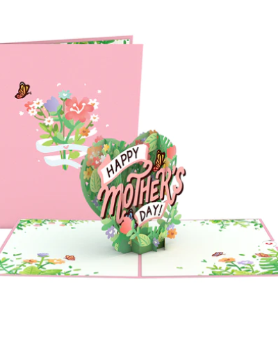 <p>Beautiful butterflies and colorful flowers greet you when you open this enchanting pastel pink card. This card features a bouquet of flowers on the front with two curious butterflies flying around the colorful flowers. When you open this card, a garden-themed heart pops up with flowers and butterflies adding color to the heart. The heart hosts a bountiful garden scene with hearty green leaves, gently colored flowers, and outlined butterflies, creating a beautiful and adventurous scene.</p>
<p>This Mother's Day Heart card is perfect for the garden, flower, or butterfly-loving mothers in your life. It's perfect for any mother, whether that be friends who are first-time mothers or for your own mother. This collection can appeal to any mother's sense of adventure and wonder as the colorful flowers and artfully placed butterflies hint at exploration. Give this Mother's Day pop-up card to your wife, mother, grandmother, or other special mothers in your life.</p>
<p>&nbsp;</p>
<p>Size:<br />
The Mother's Day Heart pop-up card is 5 inches wide by 7 inches tall.</p>
<p>Quantity:<br />
One Lovepop with one blank envelope and the Lovepop Note, a little note card that slides away with your own personal touch.</p>