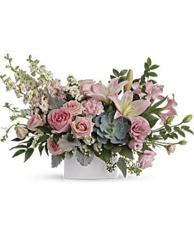 <div id="mark-3" class="m-pdp-tabs-marketing-description">Wildly sophisticated, this beautiful bouquet is a thoughtful way to say "hello" to your someone special! Its artisanal mix of soft pink blooms with eye-catching succulents and green looks fresh and modern in a square white vase.</div>
<div id="desc-3">
<ul>
<li>This feminine bouquet includes light pink spray roses, light pink asiatic lilies, pink alstroemeria, pink carnations, pink larkspur, white sinuata statice, dusty miller, israeli ruscus, huckleberry, seeded eucalyptus, lemon leaf, and a large green potted echeveria succulent.</li>
<li>Delivered in a white square vase.</li>
</ul>
</div>
