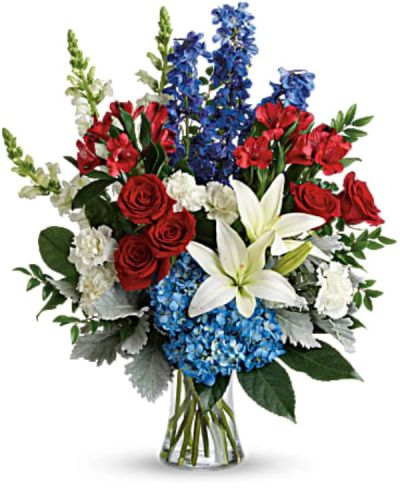 <div id="mark-3" class="m-pdp-tabs-marketing-description">A colorful tribute for someone special, this brilliant bouquet of red, white and blue blooms is both perfectly patriotic and gorgeous.</div>
<div id="desc-3">
<ul>
<li>This bouquet features blue hydrangea, red roses, white asiatic lilies, red alstroemeria, white carnations, blue delphinium, white snapdragons, huckleberry, dusty miller, aralia leaf and lemon leaf.</li>
<li>Delivered in a gathering vase.</li>
</ul>
</div>