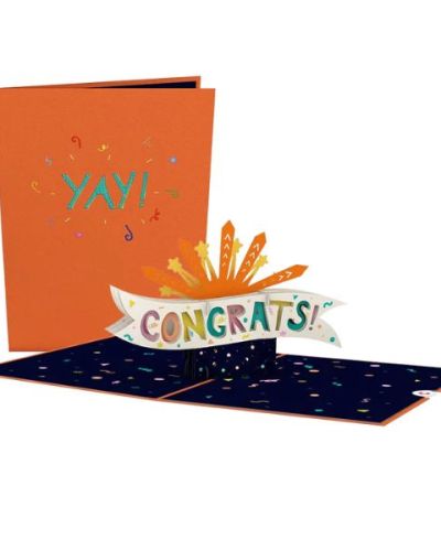 <p>The outside of this cheery orange card has "YAY!" written in bright, fun colors, with little bits of confetti surrounding the exclamation. Once opened, a vibrant 3D explosion with a "Congrats!" banner pops out against a dark colored background, patterned with more fun bits of colorful confetti designs. This card exudes joy, excitement, and celebration all together in one enthusiastic package.</p>
<p>Occasions for the Congrats Explosion pop-up card:<br />
Celebrate any significant milestone, occasion, or moment with this fabulous card! This pop-up card is perfect for graduates on graduation day, a student who aced their test or got accepted into college, a wedding or engagement, for someone who got promoted and work or who might be retiring. The celebratory sentiment is the perfect fit for celebrating a new baby, first home, pet adoption, and so much more! With this card, any parent, child, couple, friend, neighbor, coworker, or family member will know that you recognize their achievements and are proud to give them kudos for the amazing things they do.</p>
<p>Size:<br />
The Congrats Explosion pop-up card is 5 inches wide by 7 inches tall.</p>
<p>Quantity:<br />
One congratulatory Lovepop with one blank envelope and the Lovepop Note, a little note card that slides away with your own personal touch.</p>
