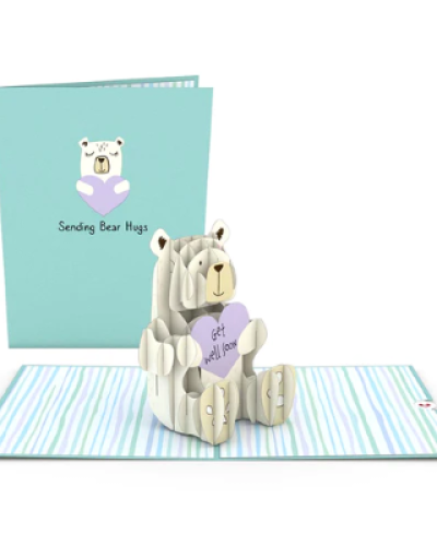 Size:
The Get Well Bear pop-up card is 5 inches wide by 7 inches tall.

Quantity:
One Lovepop with one blank envelope and the Lovepop Note, a little note card that slides away with your own personal touch.