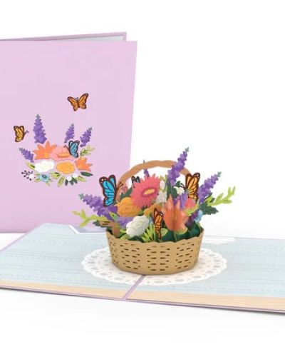 <p>The front of this pale purple cover features a laser cut arrangement of colorful, blooming flowers, accompanied by blue and orange butterflies. Upon opening this beautiful card, a basket appears full of luscious vibrant flowers and greenery. The wicker basket sits on top of a white doily, used to decorate the pale blue tabletop. A few butterfly friends rest on top of the floral arrangement, taking a quick pause before fluttering away.</p>
<p>Inspiration for the Flower Basket card:<br />
Our designer Jozef wanted to try something new with the Flower Basket design. "We have a lot of floral cards that are either in vases or in the ground, but we don't have anything in a basket currently," Jozef said. "I thought it would be nice to have a floral arrangement like this in time for both Mother's Day and spring!" We agree, Jozef!</p>
<p>Occasions for the Flower Basket card:<br />
The Flower Basket is perfect for the mother figure in your life on Mother's Day! This card is also great to give to someone who always has fresh flowers in their home, the gardener in your life, or someone who simply can't wait for Spring! Do you know someone with a flower garden? This is a great card to give them "just because" you want to make them smile!</p>
<p>Size:<br />
The Flower Basket pop-up card is 5 inches wide by 7 inches tall.</p>
<p>Quantity:<br />
One beautiful Lovepop with one blank envelope and the Lovepop Note, a little note card that slides away with your own personal touch.</p>