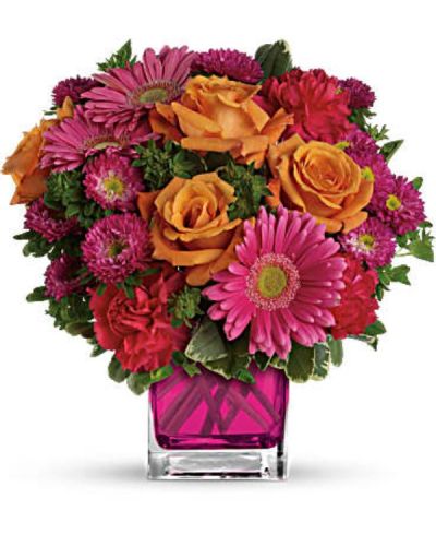 <div id="mark-3" class="m-pdp-tabs-marketing-description">Pop goes the pink! A gorgeously chic gift for any occasion, this perky pink and orange bouquet is pure fun, especially when it's hand-delivered in a fabulous cube!</div>
<div id="desc-3">
<ul>
<li>This brilliant bouquet of lush orange roses, hot pink gerberas, carnations and matsumoto asters are accented with bupleurum and variegated pittosporum.</li>
</ul>
</div>